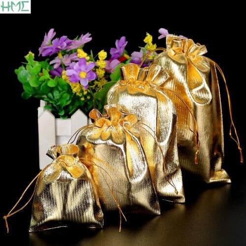 50Pcs/lot Gold/Silver Drawstring Organza Jewelry Organizer Pouches Satin Christmas Wedding Gift Bag Jewelry Packaging Display