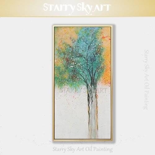 Vertical Rectangle Size Hand-painted Colorful Abstract Tree Oil Painting on Canvas Rich Colors Tree Oil Painting for Living Room