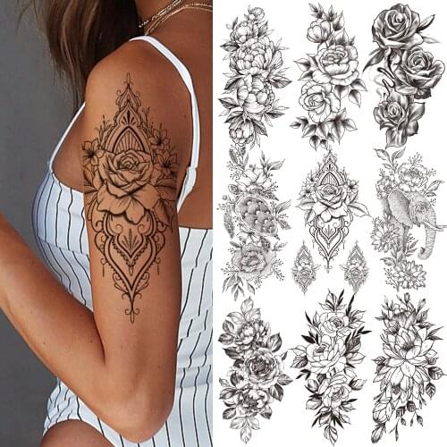 Henna Rose Flower Temporary Tattoos For Women Girl Adult Elephant 3D Peony Tattoo Sticker Fake Anemone Black Tatoos Forearm Body