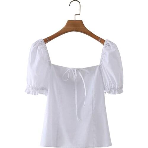 JC·KILIG 2021 French Bubble Short Sleeve Solid Linen Square Collar Top New Shirt TB21063