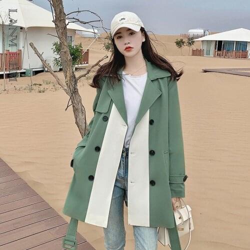 LANMREM Long-sleeved Lace Up Wast Contrast Color Windbreaker Women Lapel Fashion Coat Autumn Casual Loose Trench 2W216