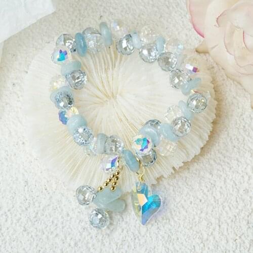 Summer New Love Heart Pendant Sky Blue Aquamarine Stone Double Row Braided Crystal Bracelets for Women Girls Fine Jewelry YBR392