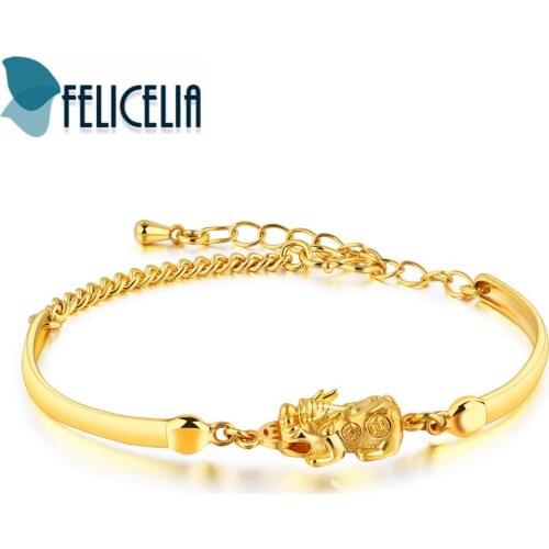 Felicelia Women Girls Ethnic Charm Bracelet Pixiu Design Good Luck Symbol Jewelry Gold Color Adjustable Link Chain Bracelet
