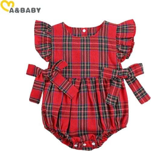 Ma&Baby 0-24M Christmas Baby Girls Romper Newborn Infant Baby Red Plaid Bow Jumpsuit Sleeveless Xmas Clothes