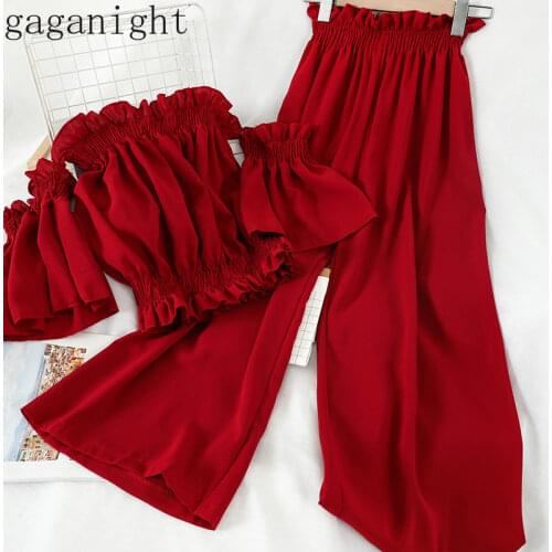 Gaganight Korean Summer 2 Piece Set Women Suit Short Sleeve Slash Neck Blouse Boho Lady Wide Leg Pants Suit Solid Two Pieces Set