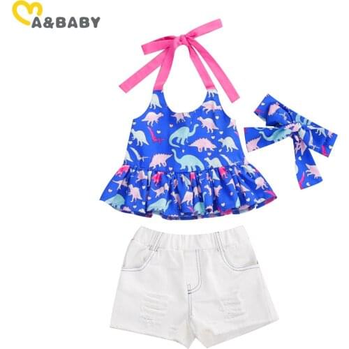 Ma&Baby 1-5Y Toddler Baby Kid Girls Dinosaur Clothes Set Summer Ruffles Vest Tops Pu Denim Shorts Outfits Child Costumes