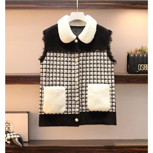 Womens Lapel Knitted Sweater Single-Breasted Plaid Vest Jacket For Autumn Winter Wear All-match Sleeveless Vest Cardigan 2021