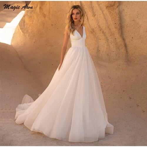 Magic Awn Simple Boho Wedding Dresses 2021 V-Neck Satin Tulle Mariage Gowns A-Line Backless Cheap Beach Wedding Party Gowns