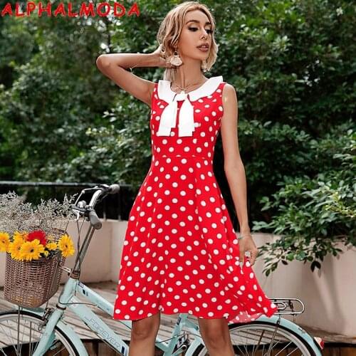 ALPHALMODA 2021 Summer Bow Collar Sleeveless Polka Dot A-line Women Sweet Dress Ladies Holiday Fashion Dress