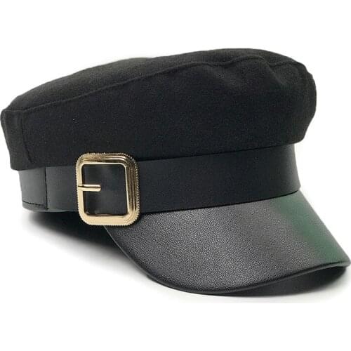 Winter Military Hat Caps Beret Winter Hats For Women Men Pu Leather Brim Wool Knitted Cap Black Bone Female Vintage Gorra