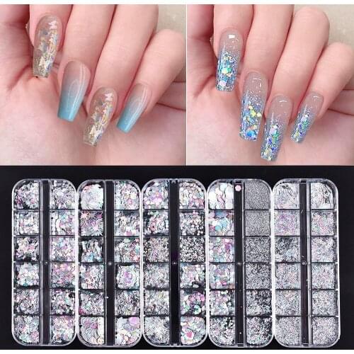 12 Grids/Box Nail Art Accessories Glitter Stars and Butterflies Sequins Flakes Holographics Silver Nail Decoration Ongles Design