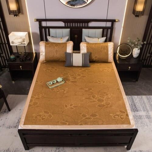 2021 Summer Cool Mat Grid Fitted Sheet Set Coffee Rattan/Straw Mat Geometric Sleeping Flod Bedspread Regenerated cellulose fiber