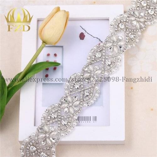 30 PCS Wholesale Handmade Beaded Hot Fix Sliver Clear Sew On Bridal Rhinestone Crystal Pearl Wedding Applique Belt Sash Garter