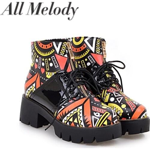 All Melody Flower Martion Boots Patent Leather Women Boots Female Shoes England High Street Fashion Cool Size 34 to 42 Botas