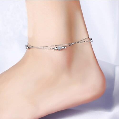 925 Sterling Silver Prevent allergy Anklet Bracelet 2 Layers Heart Charm Women Summer Charm Link Chain Beach Foot Anklet Gifts