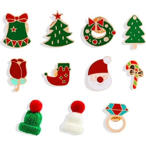 11 Style Enamel Pins Christmas Hats Brooches For Children Xmas Tree Socks Wreath Cane Santa Claus Pin Badge Accessories Jewelry