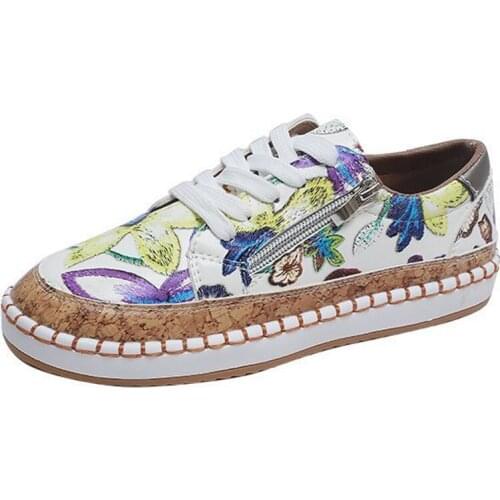 Women Flat Shoes Large size 43 Floral Printing Casual Shoes Zipper Casual Sneaker Breathable PU Summer Shoes for Women