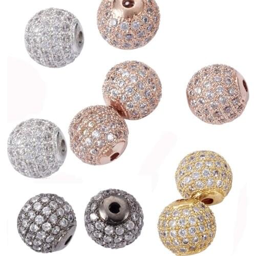 10pcs 6/8/10/12mm Round Brass Ball Pave Cubic Zirconia Charm Bead Metal Rhinestone Bead for Jewelry Making DIY Bracelet Necklace