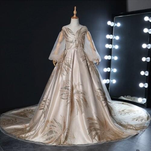 Flower Girl Dresses Illusion Full V-Neck Tulle Lace Sequined Princess Floor-Length Luxury Gold Elegant Cute Kids Party Gown H578