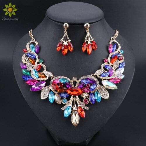 Fashion Crystal Gold Color Necklace Earrings Sets Indian Bridal Jewelry Sets For Brides Wedding Party Costume Accessories Women