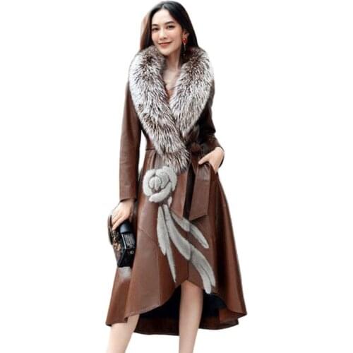 2020 Autumn And Winter New Leather Coat Womens Long Over-The-Knee Slim Plus Size Fox Fur Trench Coat Female Outwear Trend L84