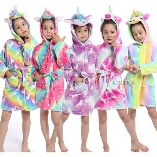 New Winter Boys Girls Bath Robe Children Unicorn Hooded Flannel Pajamas Bathrobes for Teenage Boy Cartoon Pajamas Dressing Gown