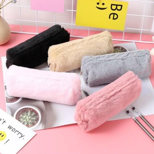 Solid Color Plush Pencil Case School Pencil Cases Bag Stationery For Girls School Supplies Tools 77HA