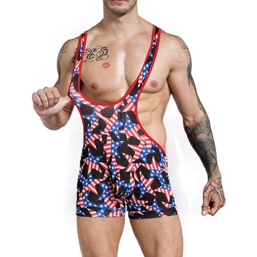Sexy Men Undershirt Printing Wrestling Singlet Boxer Short Jumpsuit Suspender Teddies Underwear One-Piece Bodysuit Boxers