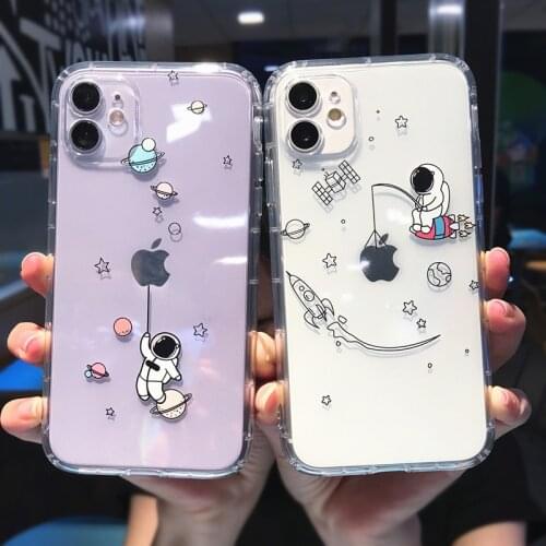 Cute Cartoon Astronaut Planet Clear Phone Case For iPhone 12 Pro MAX XS XR 12Mini 7 8Plus Star Transparent Soft Shockproof Cover