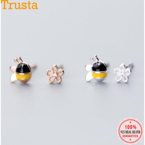 Trusta 100% 925 Sterling Silver Womens Jewelry Asymmetrical Bee Flowers Stud Earrings Gift for Girls Kids Lady Madam DS734