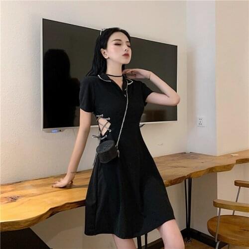 Korean Style Womens Clothing Hollow Out Bandage Black Dresses Turn-down Collar Fashion Summer Short Dress New Vestidos Hot