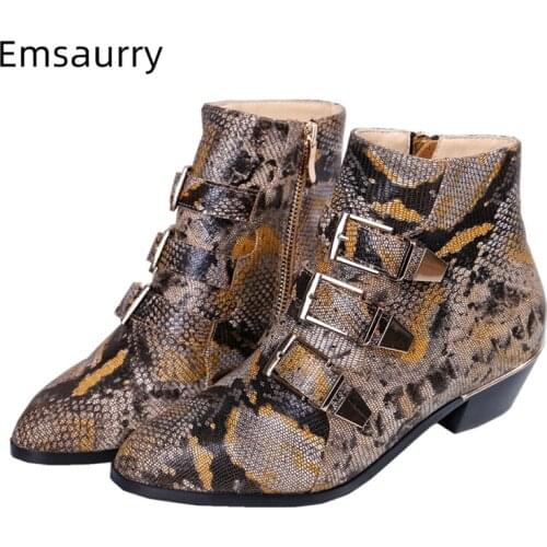 Sexy Serpentine Real Leather Ankle Boots Women Point Toe Studded Buckle Belt Side Zip Punk Style Winter Botas Mujer