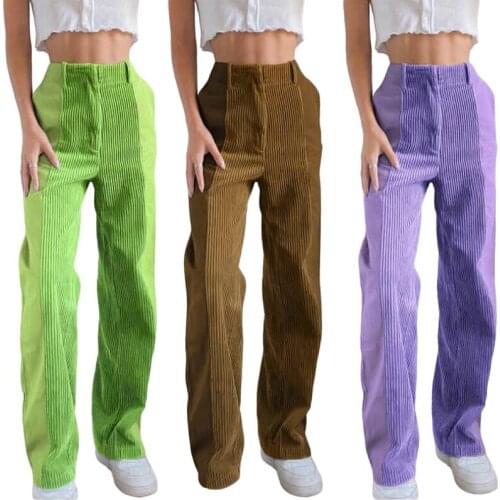 Female Street Corduroy Stitching Color Matching Casual Pants Womens Casual Trousers Corduroy Wide-Leg Pants Panelled
