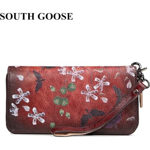 SOUTH GOOSE Genuine Leather Women Wallets Vintage Lady Long Handy Clutch Bag Floral Embossing Money Bag Card Holder Travel Purse