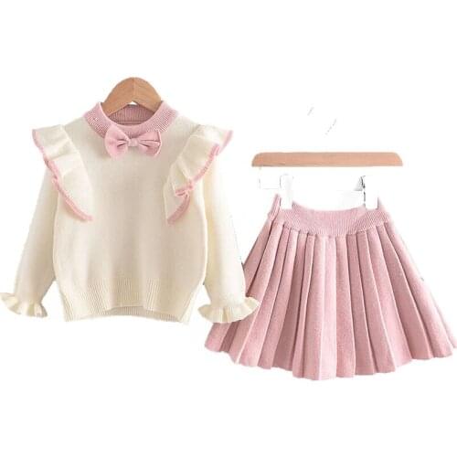 Girls Winter Clothes Sets Knitted Long Sleeve Sweater 2 Pcs Clothing Costume Bow Baby Outfits for Kids Girls Clothing Dress