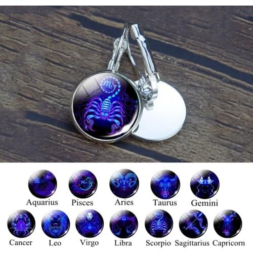 12 Constellation Earrings Glass Cabochon Zodiac Sign Jewelry Women Birthday Gift Hook Earrings Scorpio Leo Aries Cancer Earrings