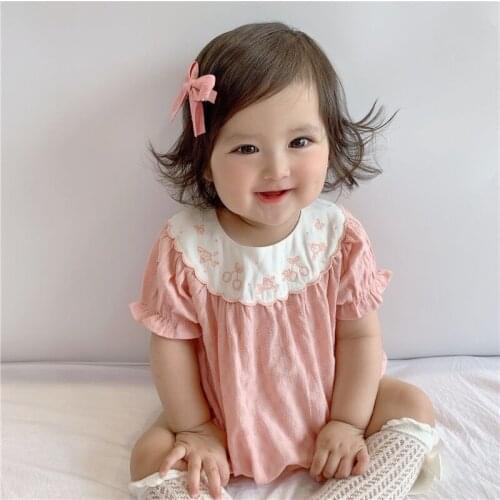 2021 Summer Fashion Newborn Baby Girls Cotton Jumpsuit Clothing Sweet Floral Embroidery Collar Short Puff Sleeve Romper for Todd