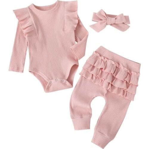 3 Colors Newborn Girls Outfit Sets Ribbon Headbands+Flying Sleeves Tops+ Pants Spring Baby Girl Rompers Autumn Babies Toddlers