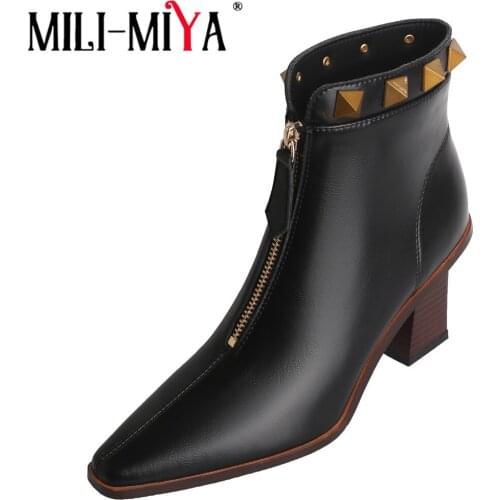 MILI-MIYA Fashion Woman Ankle Boots Autumn Genuine Leather Rivets Front Zipper Thick High Heels Party Dress Ladies Shoes Black