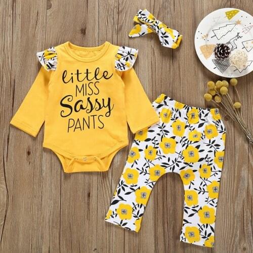Kids Short Clothes Sets Baby Girl Summer Clothes Kids Toddler Baby Girl Letter Romper+Floral Sassy Pants+Hairband Outfits Set