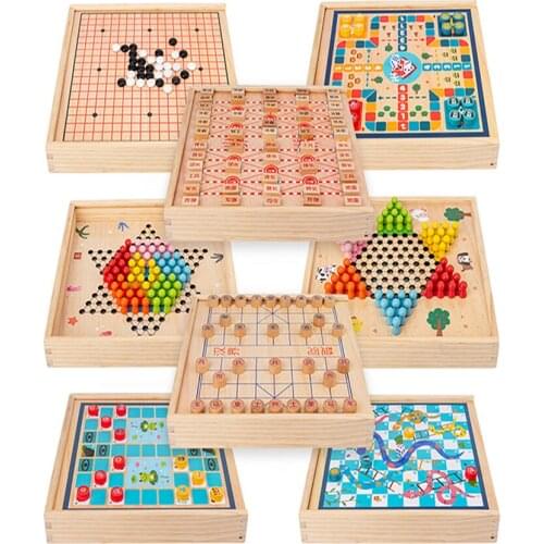 Childrens Multifunctional Board Game Chess Wooden Flying Chess Checkers Gobang Chinese Chess Adult Parent-child Game Gift Party