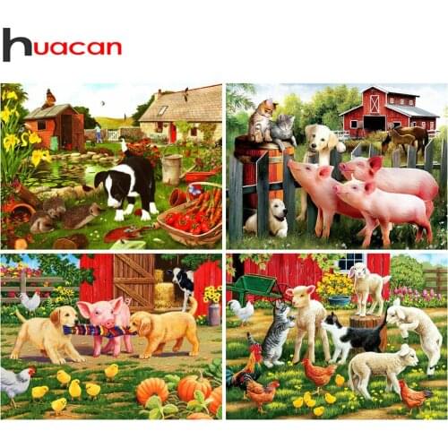 Huacan Diy Diamond Painting Farm Animals Square/round Mosaic Dog Pig Embroidery Cross Stitch Chicken Wall Decor