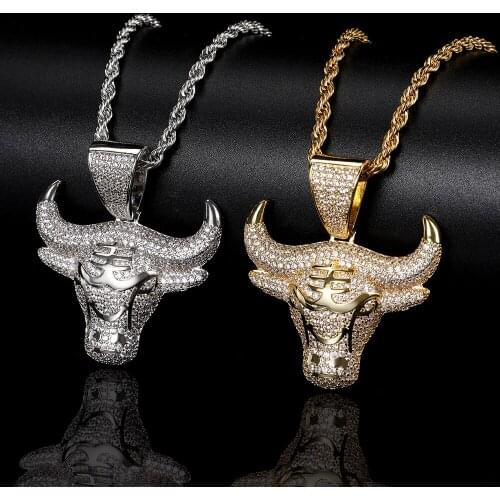 Mens Hip Hop Fashion Full Bull Head Pendant Necklace Chinese Zodiac Necklace Pendant