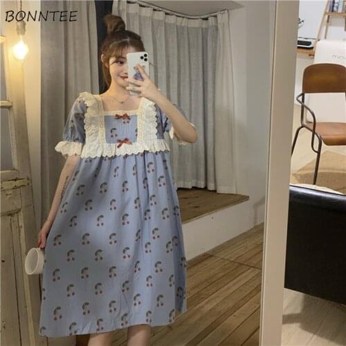 Nightgowns Women Plus Size M-3XL Cartoon Printed Lace Bow Sweet Girls Square Collar French Style Kawaii Students Sleep Summer