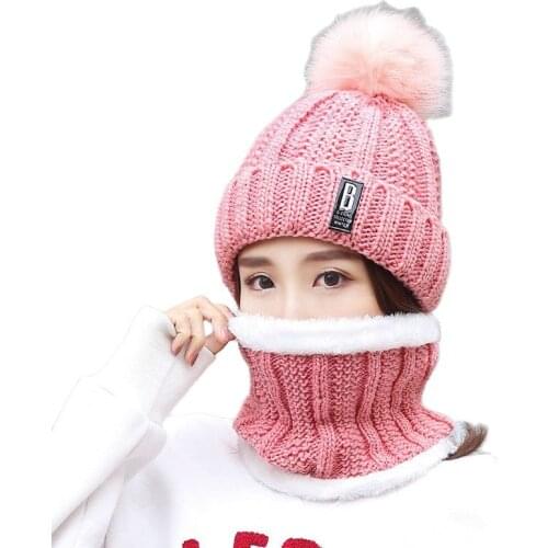 2021 New Winter Hat Ladies Cute Fur Ball Plus Velvet Warm Knitted Two-Piece Hat B-Mark Letter Woolen Hat