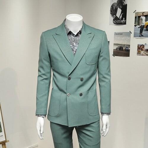 Men Clothing Double Breasted Green Slim Style Spring Autumn Business Blazer For Man Formal Suits Jackets Plus 56