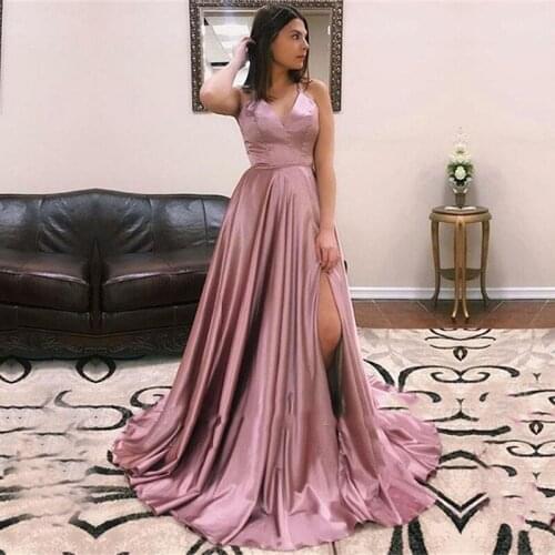 Eightale Prom Dress for Graduation Spaghetti Strap Nude Pink A-Line Sexy Side Split Satin Evening Gowns Simple Party Dresses