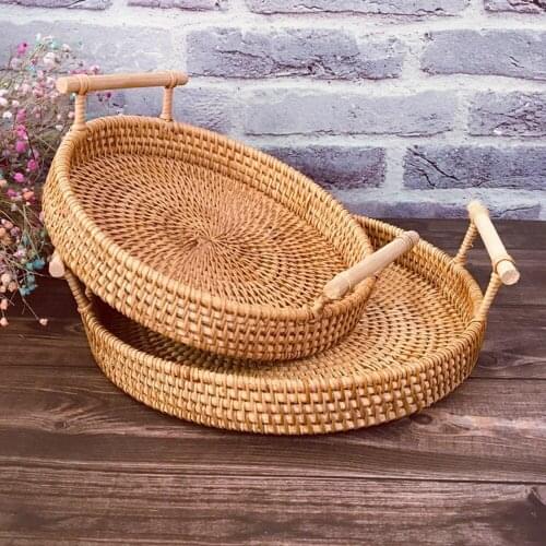 Rattan Woven Tray Storage Basket With Wooden Handle Round Wicker Basket Bread Food Plate Fruit Cake Platter Dinner Serving Tray