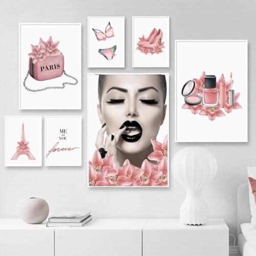 Pink Flower makeup Paris Bag Fashion Lady Nordic Posters And Prints Wall Art Canvas Painting Wall Pictures For Living Room Decor