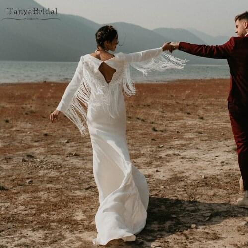 Long Sleeve Simple Wedding Dresses Open Back Long Fringe Tassel Bohemian Bridal Gowns Mermaid Vestido de Noivas DW456